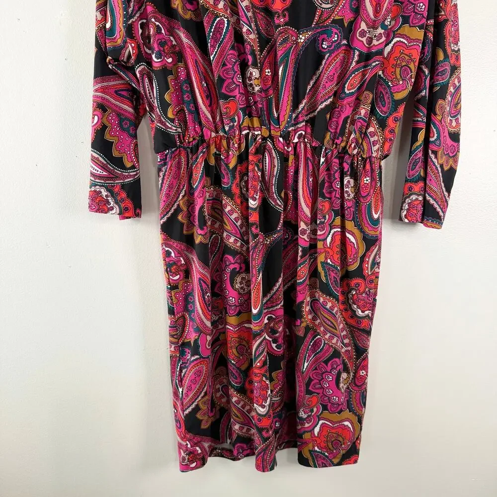 Trina Turk Jersey Dress Black Pink Paisley V-Neck Resortwear Vacay Short Size L - Picture 11 of 12